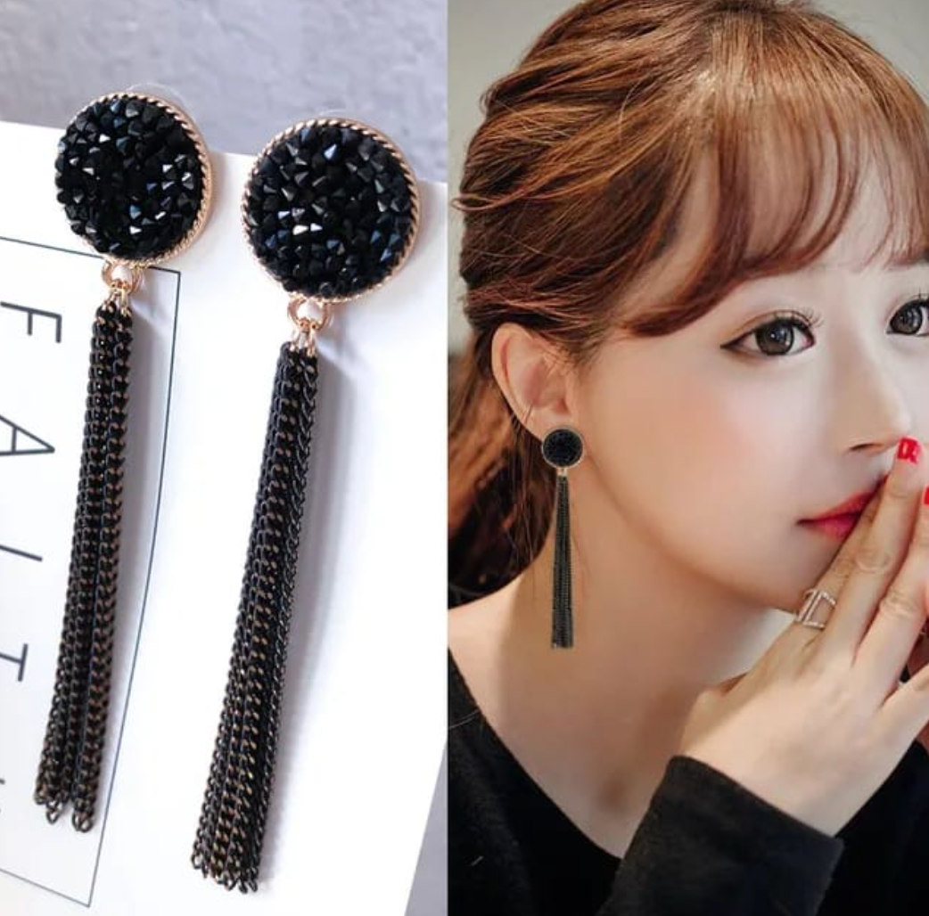 Black Crystal Tassel Earrings 🖤