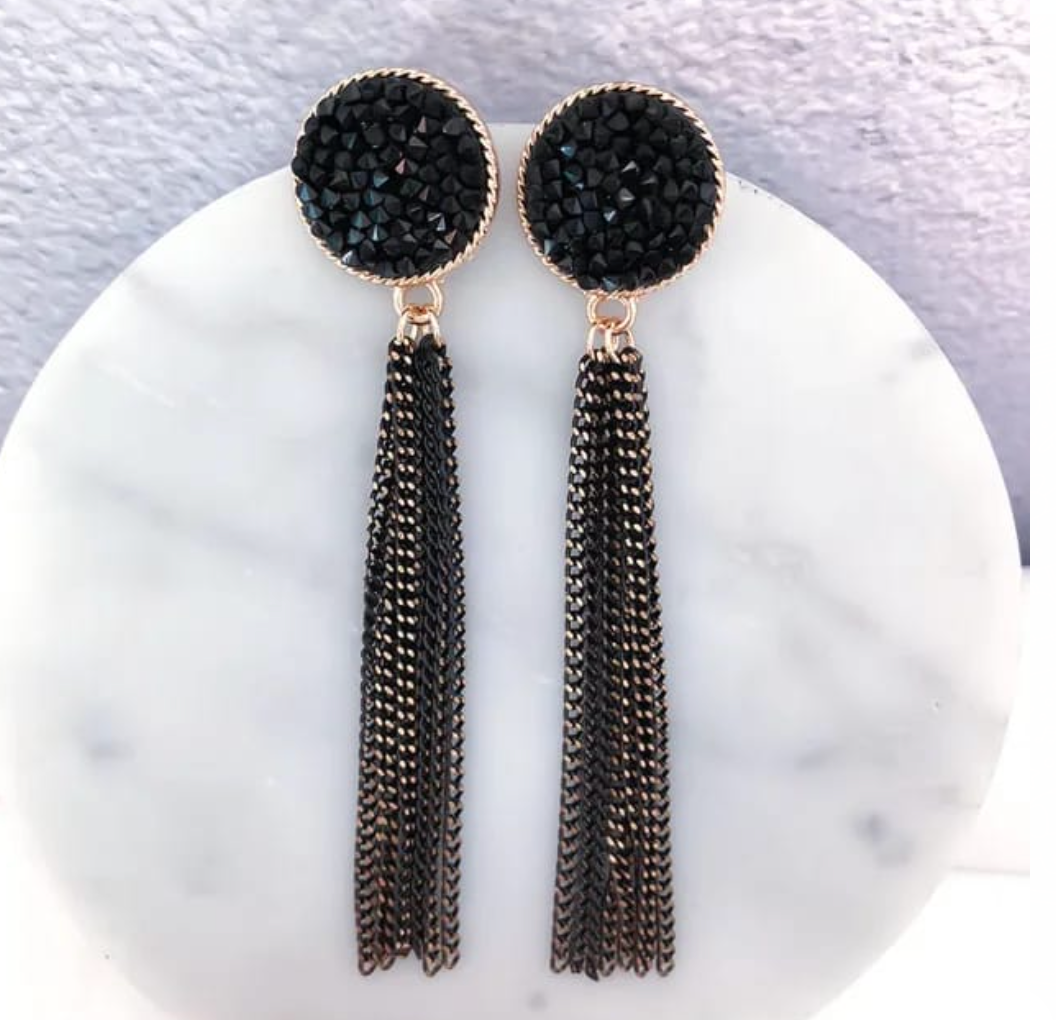 Black Crystal Tassel Earrings 🖤