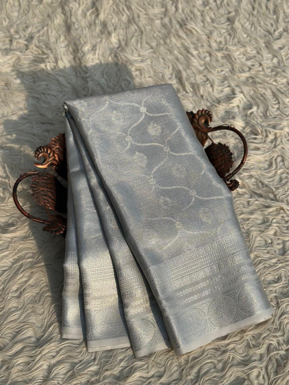 ✨ Luxurious Silver Banarasi Silk Saree ✨