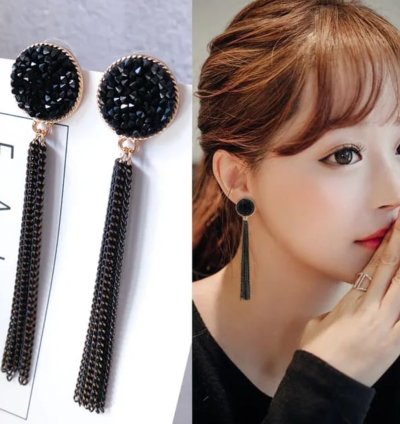 Black Crystal Tassel Earrings