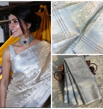 Luxurious Silver Banarasi Silk Saree